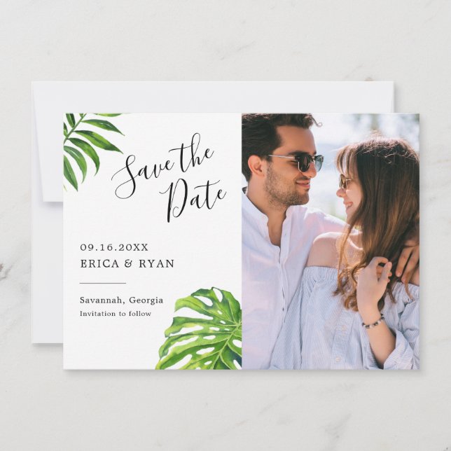 Elegantes Tropical Blätter Foto Save the Date (Vorderseite)