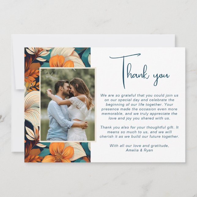 Elegantes Tropical Blume Floral Wedding Foto Dankeskarte (Vorderseite)