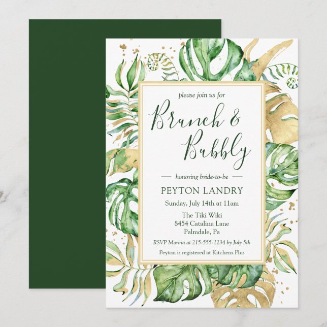 Elegantes Tropical Brunch & Bubbly Brautparty Einladung (Vorne/Hinten)