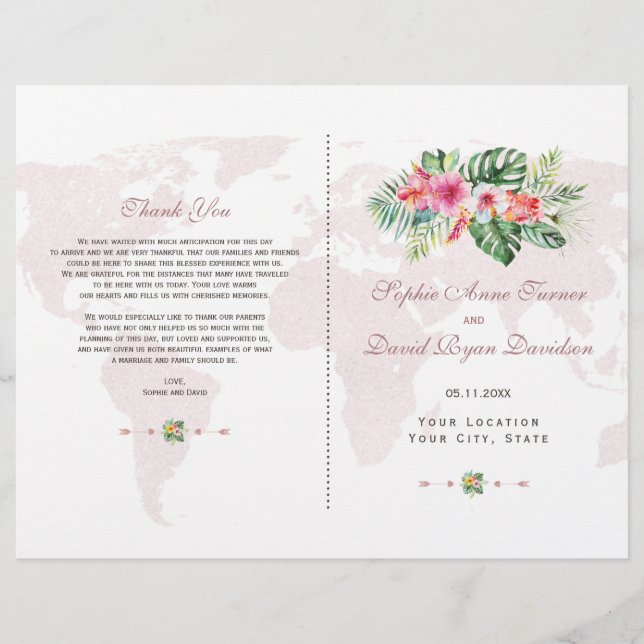 Elegantes Tropical Floral Gold World Map Programm (Vorderseite)