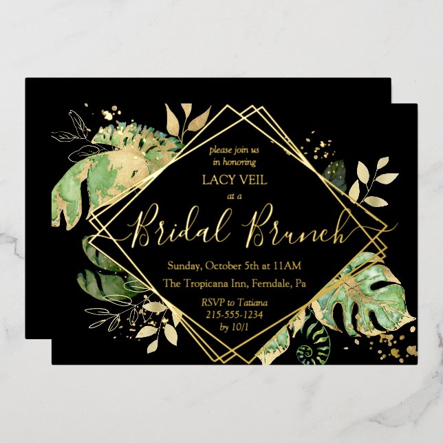 Elegantes Tropical Gold Bridal Brunch Black & Gold Folieneinladung (Vorderseite/Rückseite)