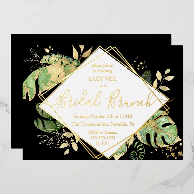 Elegantes Tropical Gold Bridal Brunch Black & Gold Folieneinladung (Vorderseite/Rückseite)