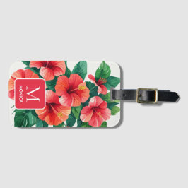 Elegantes Tropical Hawaii Hibiskus Red Monogram Gepäckanhänger