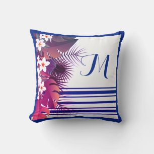 Elegantes Tropical Lila Blue Floral Monogramm Kissen