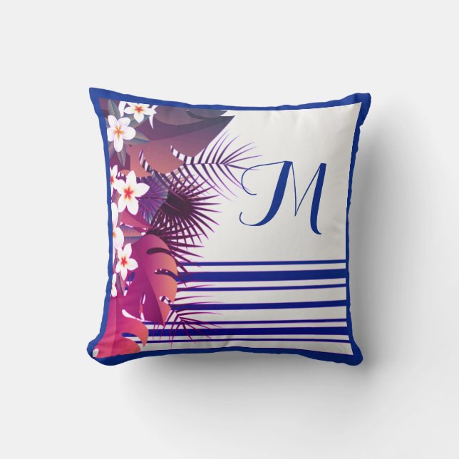 Elegantes Tropical Lila Blue Floral Monogramm Kissen (Vorderseite)