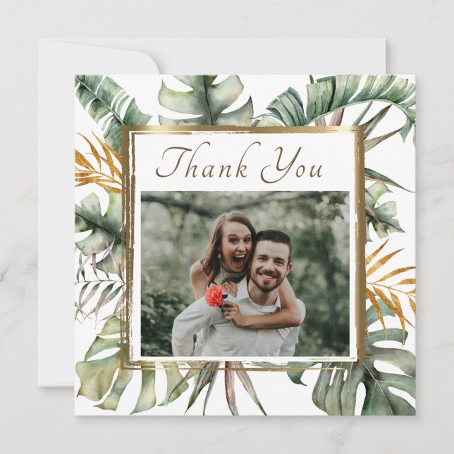 Elegantes Tropical Palms Gold Frame Foto Hochzeit Dankeskarte (Vorderseite)