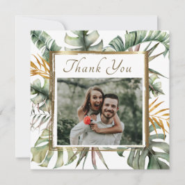 Elegantes Tropical Palms Gold Frame Foto Hochzeit Dankeskarte