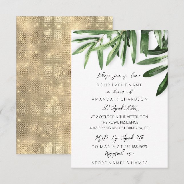 Elegantes Tropical Sage Mint Green Gold White Einladung (Vorne/Hinten)