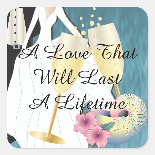 Elegantes Tropical Wedding Couple Quadratischer Aufkleber (Vorderseite)