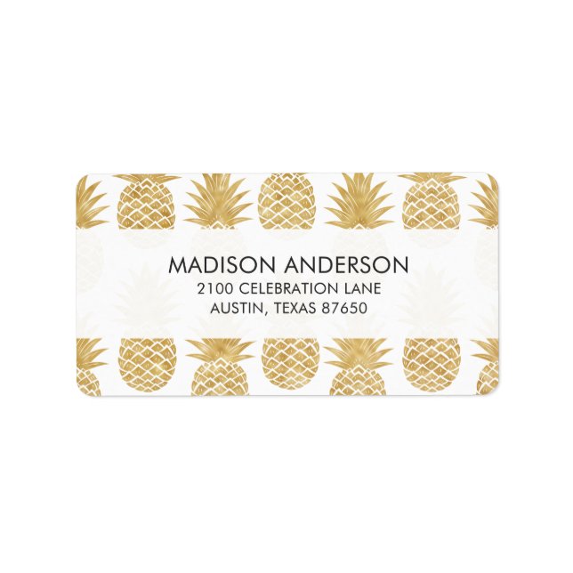 Elegantes Tropical White Gold Ananas Muster Adressaufkleber (Vorne)