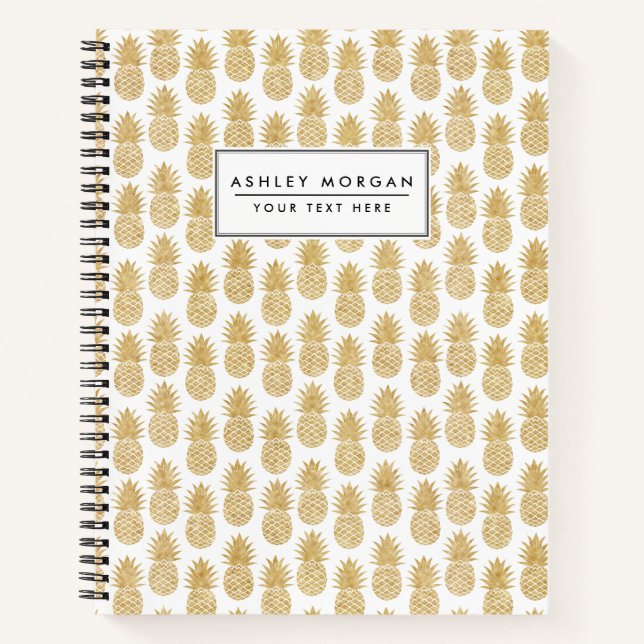 Elegantes Tropical White Gold Ananas Muster Notizbuch (Vorderseite)