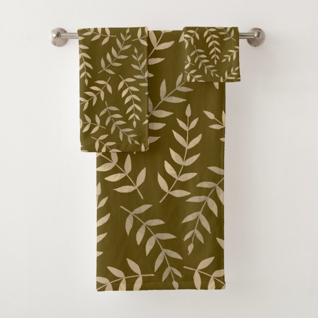 Elegantes tropisches Beige Blätter auf Braun Badhandtuch Set (Insitu)