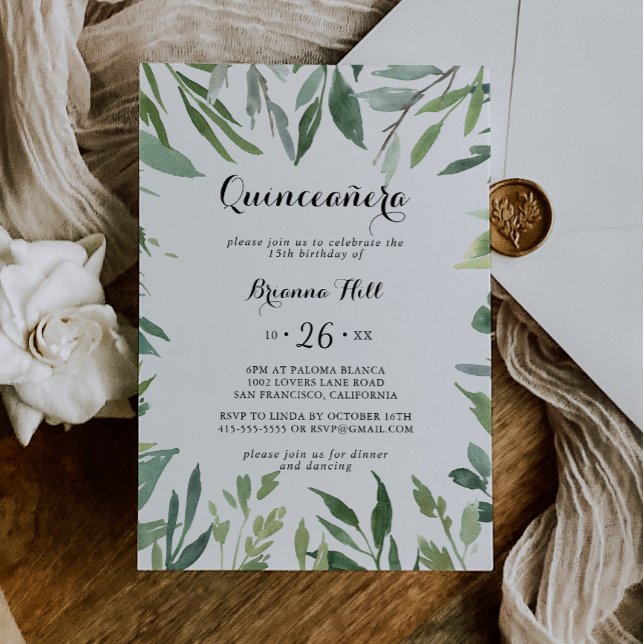 Elegantes tropisches Blattwerk Quinceañera Einladung (Von Creator hochgeladen)