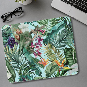 Elegantes tropisches grünes Blätter-Blumen-Aquamar Mousepad