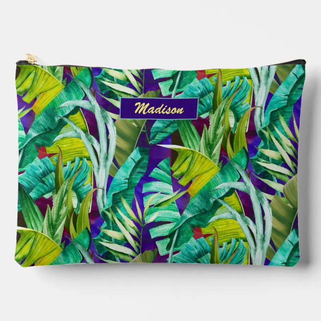 Elegantes tropisches grünes Blätter lila Muster Zubehörtasche (Vorderseite)