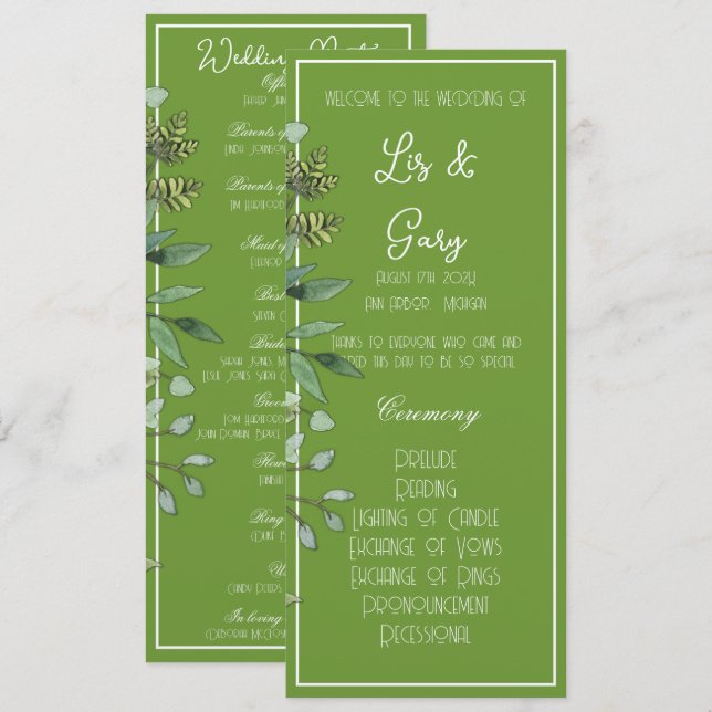 Elegantes tropisches grünes Hochzeitsprogramm Programm (Vorne/Hinten)