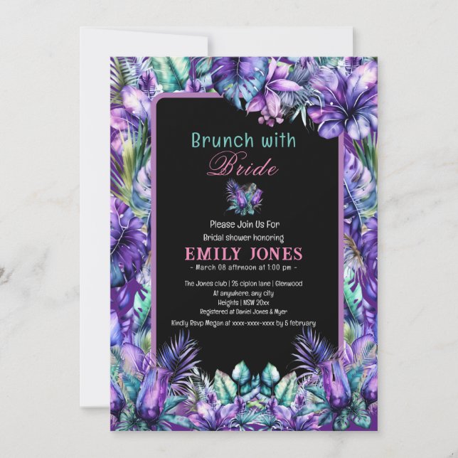Elegantes tropisches lila Brautparty mit Blumen Einladung (Vorderseite)