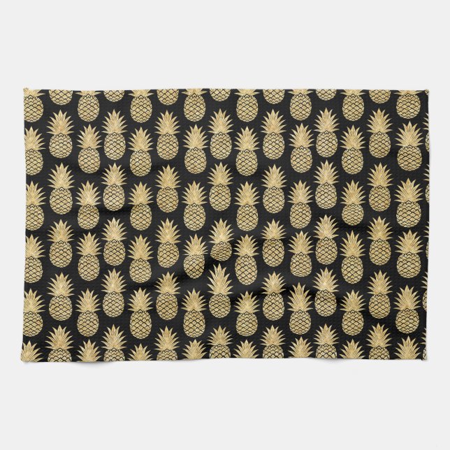 Elegantes tropisches Schwarz-und Goldananas-Muster Geschirrtuch (Horizontal)
