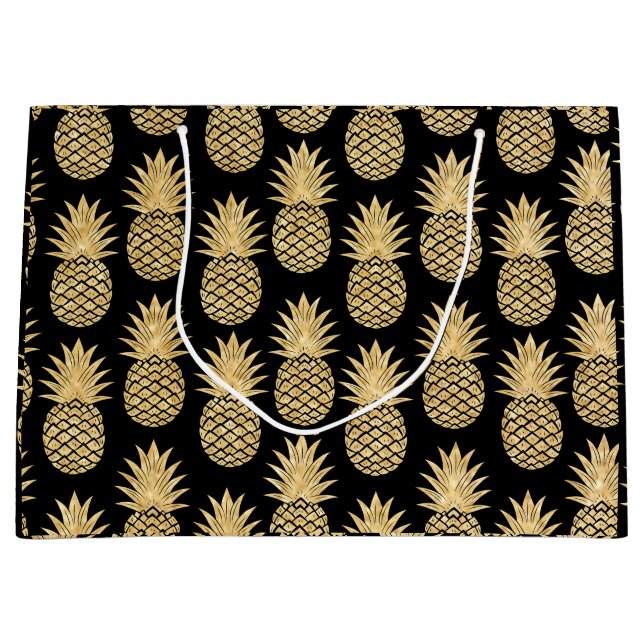 Elegantes tropisches Schwarz-und Goldananas-Muster Große Geschenktüte (Vorderseite)