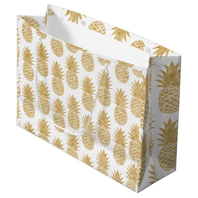 Elegantes tropisches weißes Goldananas-Muster Große Geschenktüte (Vorderseite Schrägansicht)