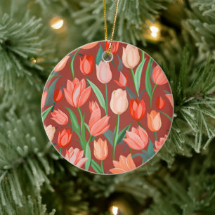 Elegantes Tulpen-Blumenmuster – Rot und Pfirsich F Keramik Ornament