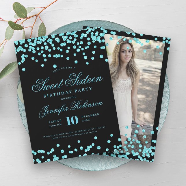 Elegantes Türkis Black Confetti Foto Sweet 16 Einladung (Elegant Turquoise Black Confetti Photo Sweet 16 Invitation)