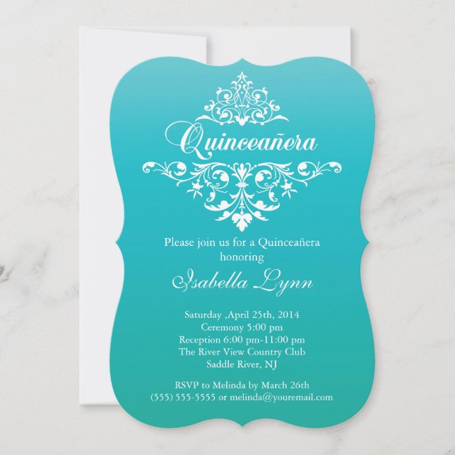 Elegantes Türkis Blue Ombre Quinceañera Party Einladung (Vorderseite)