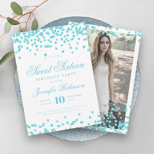 Elegantes Türkis Confetti Foto Sweet 16 Einladung (Elegant Turquoise Confetti Photo Sweet 16 Invitation)