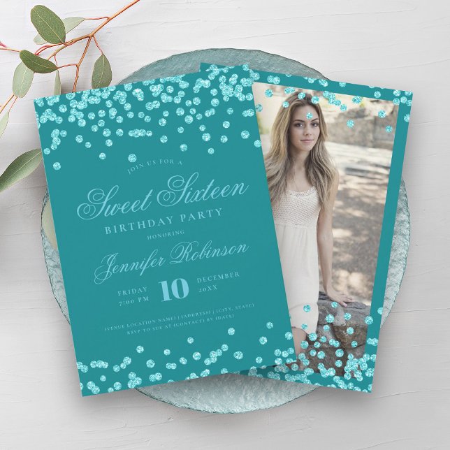 Elegantes Türkis Confetti Foto Sweet 16 Einladung (Elegant Turquoise Confetti Photo Sweet 16 Invitation)