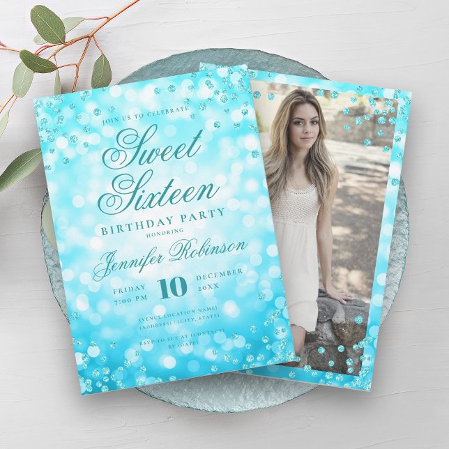 Elegantes Türkis Glam Lights Foto Sweet 16 Einladung (Elegant Turquoise Glam Lights Photo Sweet 16 Invitation)