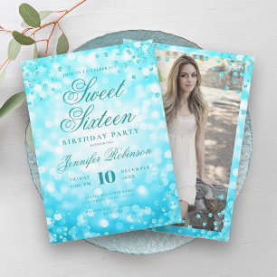 Elegantes Türkis Glam Lights Foto Sweet 16 Einladung