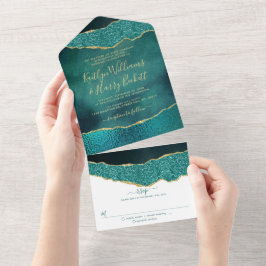Elegantes Türkis & Gold Agate Hochzeit All In One Einladung