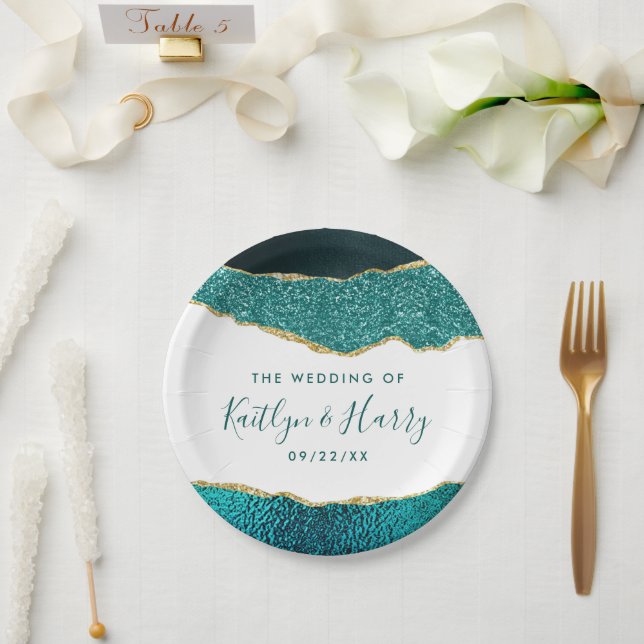 Elegantes Türkis & Gold Agate Hochzeit Pappteller (Hochzeit)