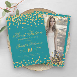 Elegantes Türkis Gold Confetti Foto Sweet 16 Einladung