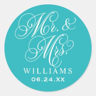 Elegantes Türkis Mr und Mrs Schriftmonogramm Runder Aufkleber