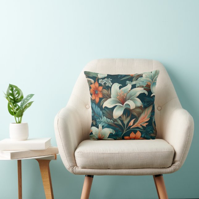 Elegantes Türkis Orange Blume Muster floral Kissen (Stuhl )