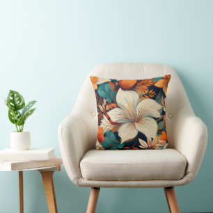 Elegantes Türkis Orange Blume Muster floral Kissen