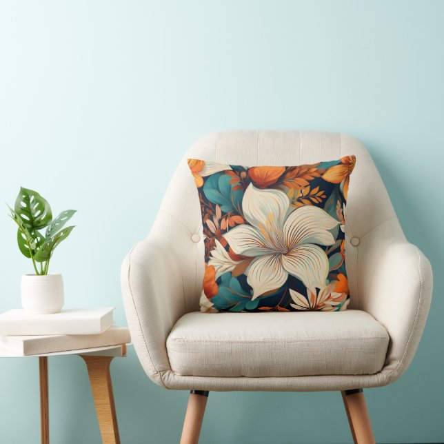 Elegantes Türkis Orange Blume Muster floral Kissen (Stuhl )