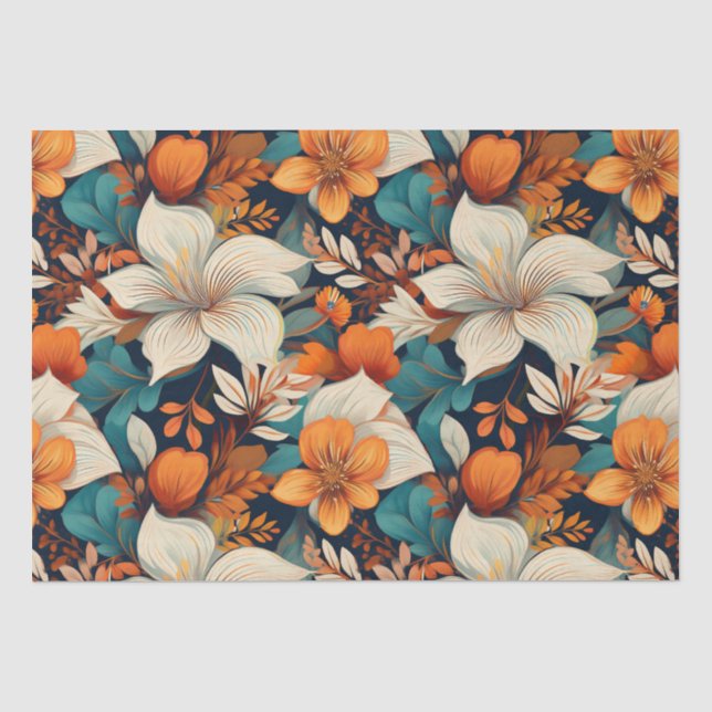 Elegantes Türkis Orange Blume Muster floral Seidenpapier (Vorderseite)