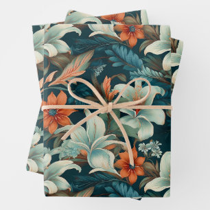 Elegantes Türkis-Orange-Blumenmuster Floral Geschenkpapier Set