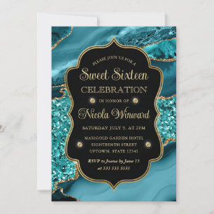 Elegantes Türkis- und Gold-Glitter-Achat Sweet Six Einladung