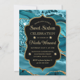 Elegantes Türkis- und Gold-Glitter-Achat Sweet Six Einladung