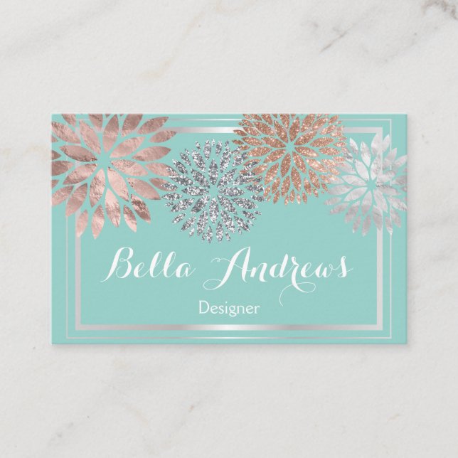 Elegantes Türkis- und Silver Dahlia-Blume-Design Visitenkarte (Vorderseite)