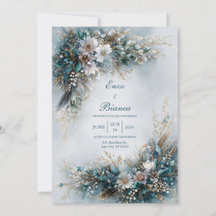 Elegantes Türkisblau Florales Gold Feder Hochzeit Einladung