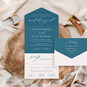 Elegantes Türkisblau Kalligrafie-Schrift Hochzeit All In One Einladung