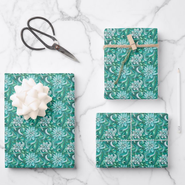 Elegantes türkises Strudel-Blumenmuster Geschenkpapier Set (Vorderseite)