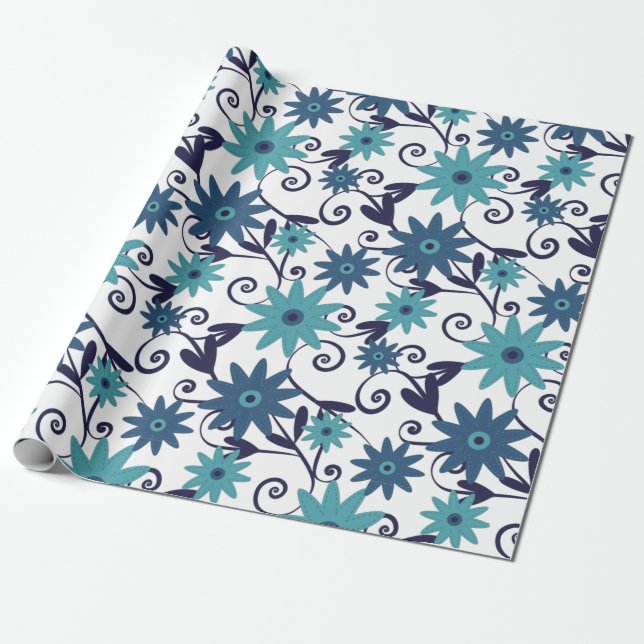 Elegantes, türkisfarbenes Muster der Blume Geschenkpapier (Ungerollt)