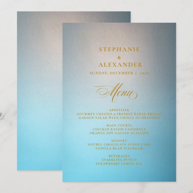 Elegantes türkisfarbenes Skriptmenü für Hochzeiten Menükarte (Vorne/Hinten)