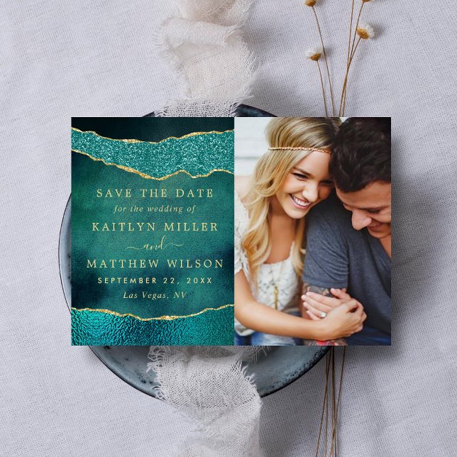 Elegantes türkisfarbenes und goldenes Hochzeitsfes Save The Date (Von Creator hochgeladen)