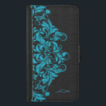 Elegantes türkisfarbenes und schwarzes Girly Flora Samsung Galaxy S5 Geldbeutel Hülle<br><div class="desc">Elegante Vintage Blumenspitze in Türkis über schwarzen Damasken Hintergrund. Benutzerdefiniertes und optionales Monogramm Wenn Sie Hilfe beim Anpassen,  Ändern der Farbe oder sonst irgendetwas benötigen,  wenden Sie sich an ArtOnWear Designer. Kostenlose Textformatierung mit Live-Hilfe auf Anfrage.</div>